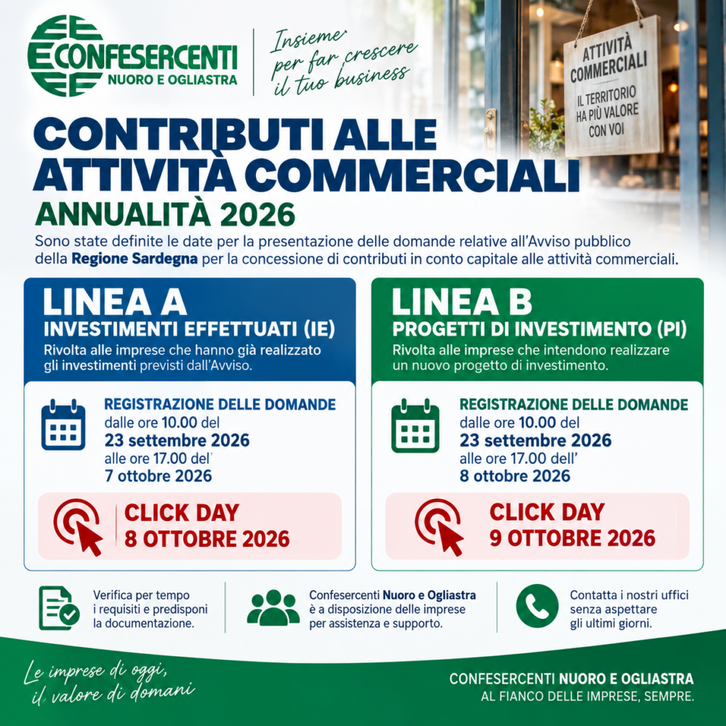 Pubblicate le date per l’invio della domanda a valere sulla legge a sostegno delle imprese del commercio, Legge 3 annualità 2026.
